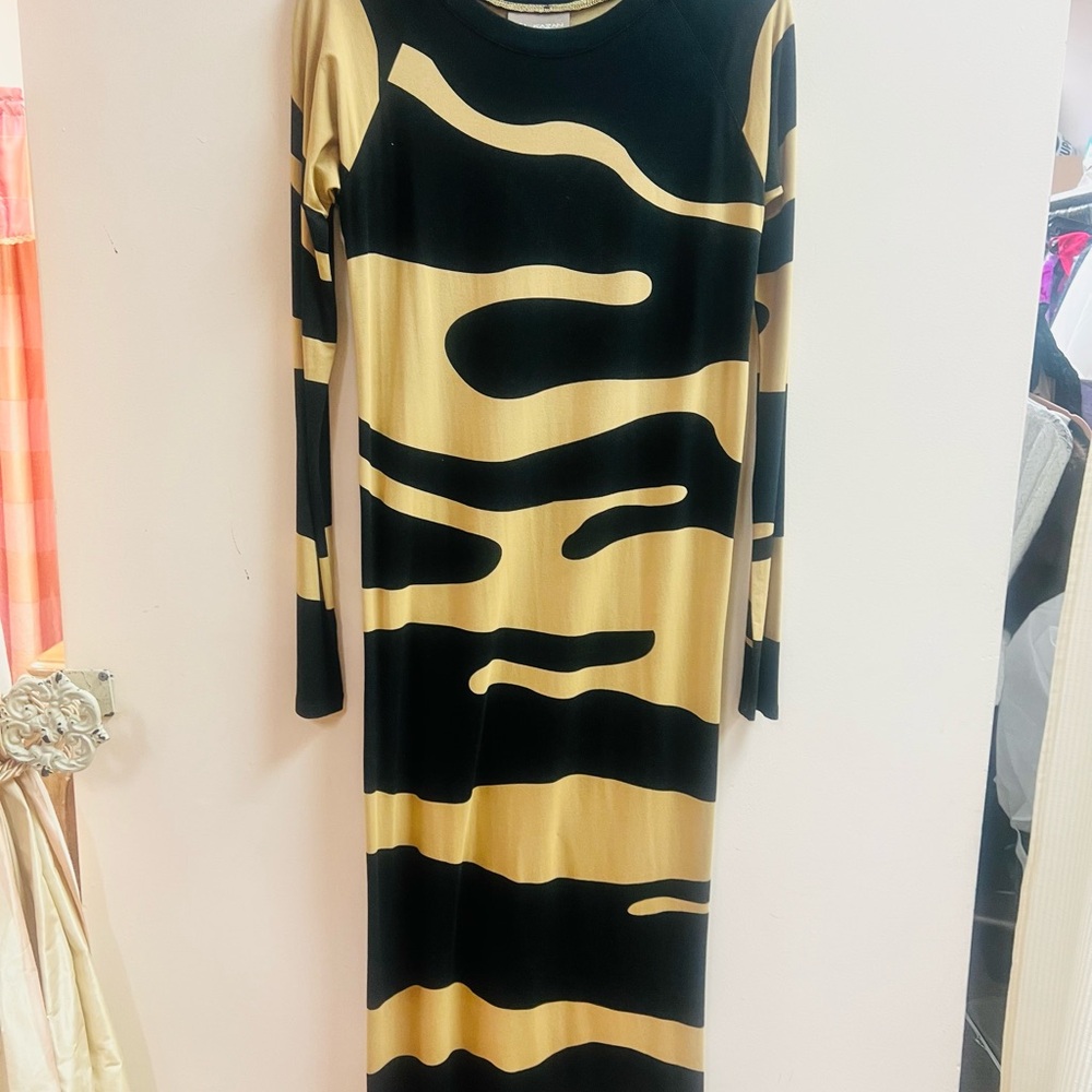 Bel Kazan Dress Women S Black Gold Abstract Wave Long Sleeve Maxi Bodycon Chic